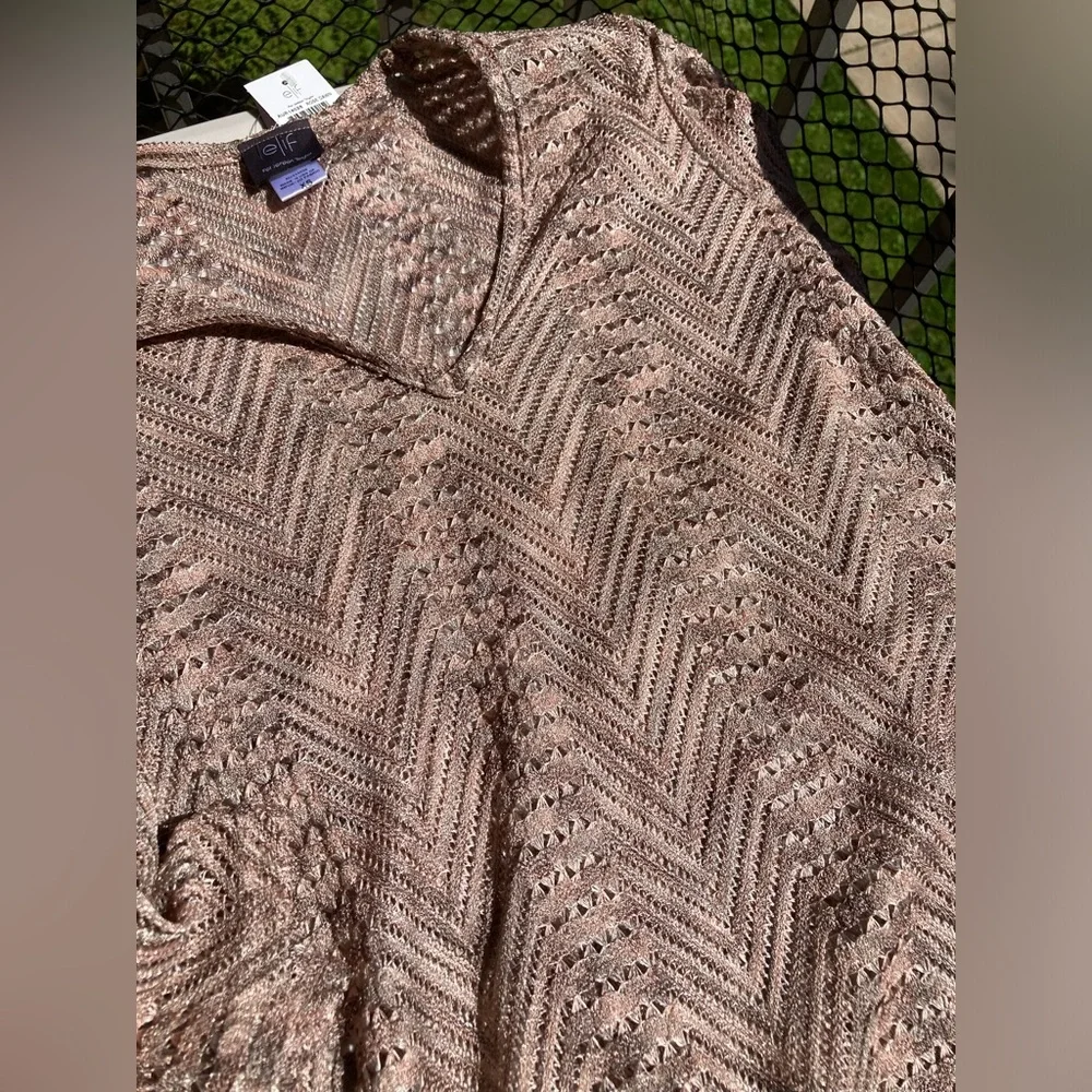 Elif Open Knit V Neck Shiny Metallic Pink Grey Swim Cover Up Tunic Bell Sleeves